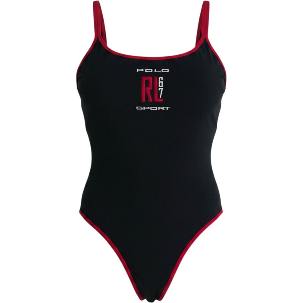 Polo Sport Ralph Lauren RL 67 One Piece Swimsuit Black Red Vintage 90s Logo